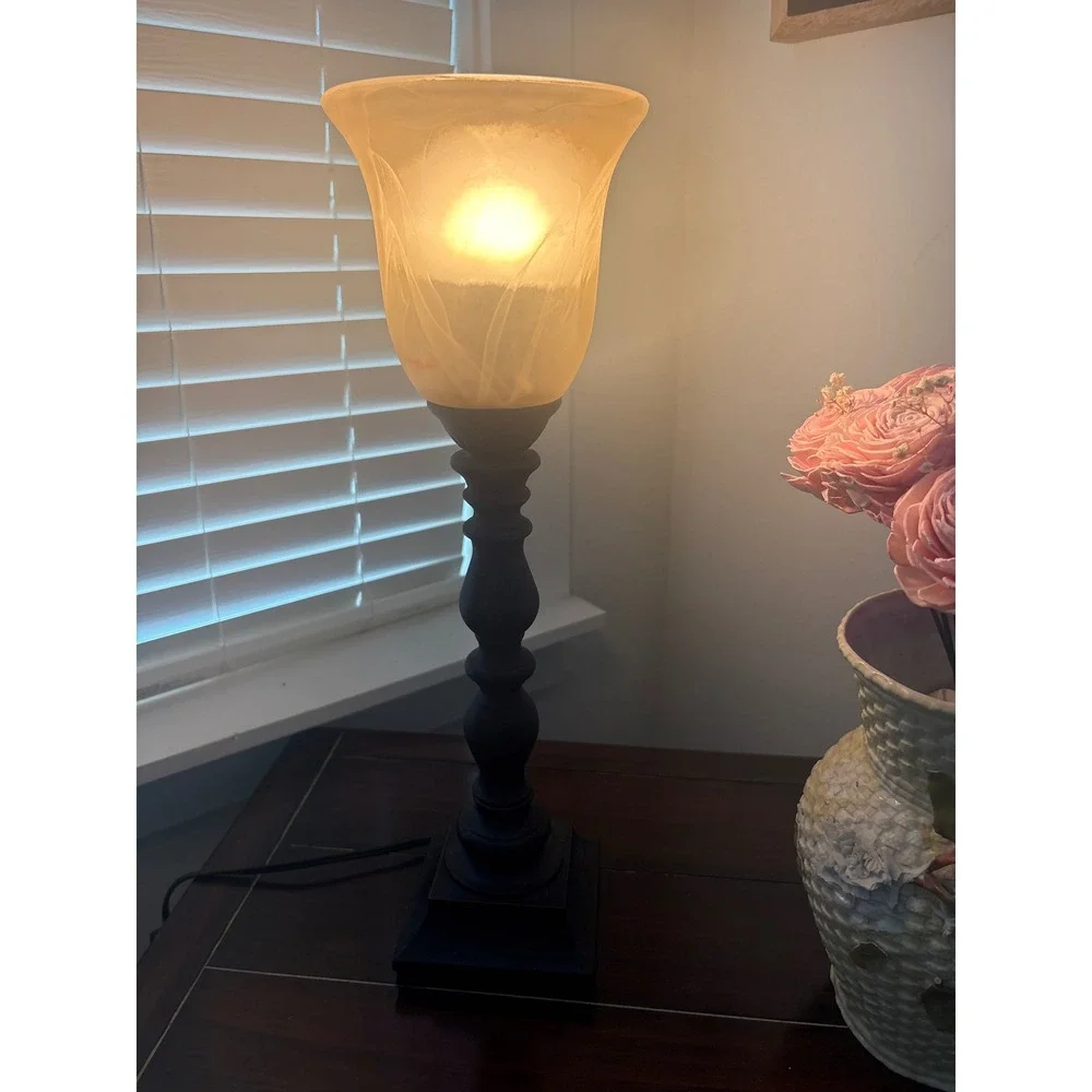 Vintage J. Hunt Bronze Goblet Style Lamp Amber Alabaster Swirl Glass Shade